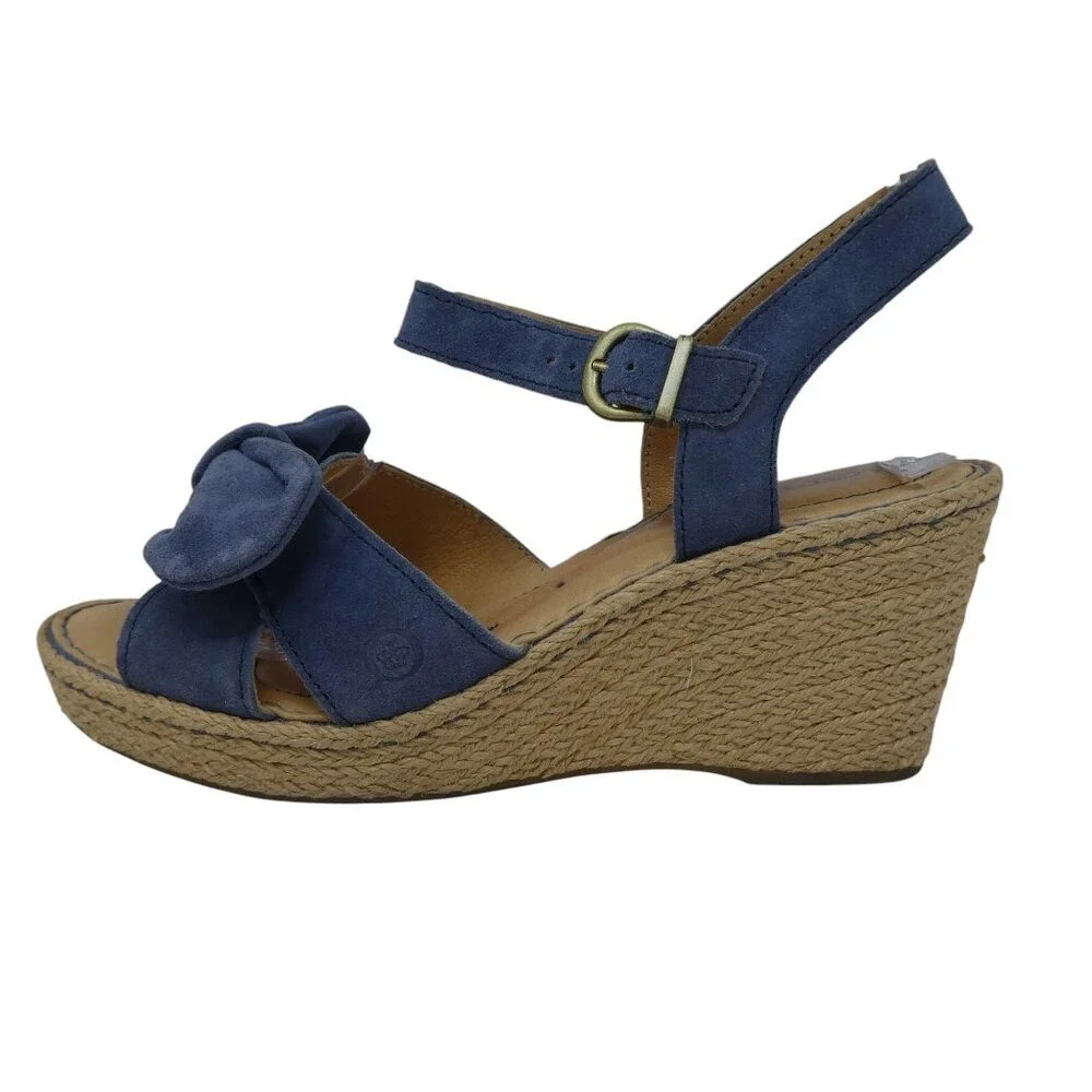 Born Monticello Wedge Sandals Womens 8 Blue Suede Bow‎ Espadrille